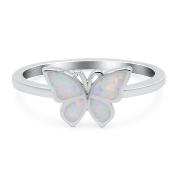 Butterfly Ring Band Lab Created White Opal 925 Sterling Silver (8mm)